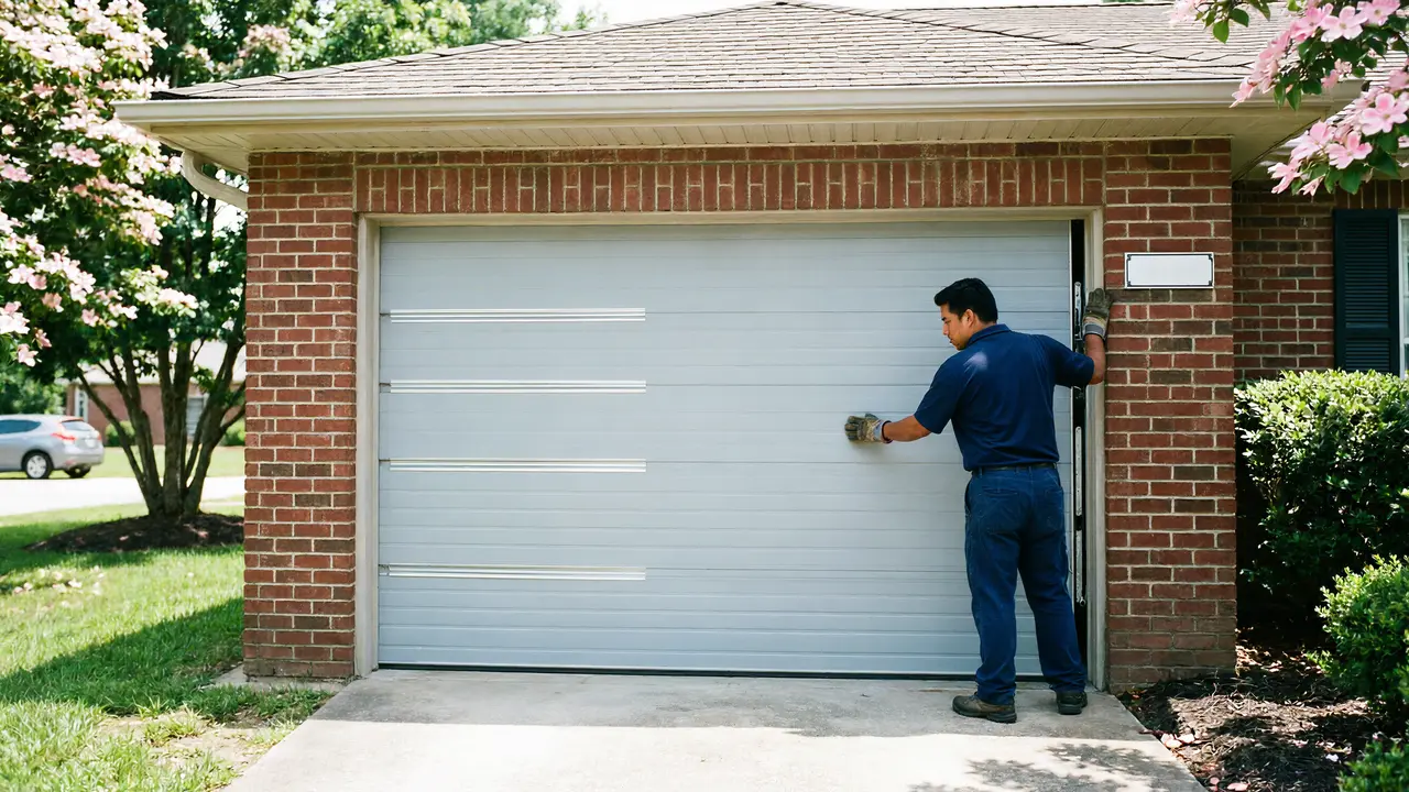 A technician in gloves is adjusting a light gray garage door on a brick house.