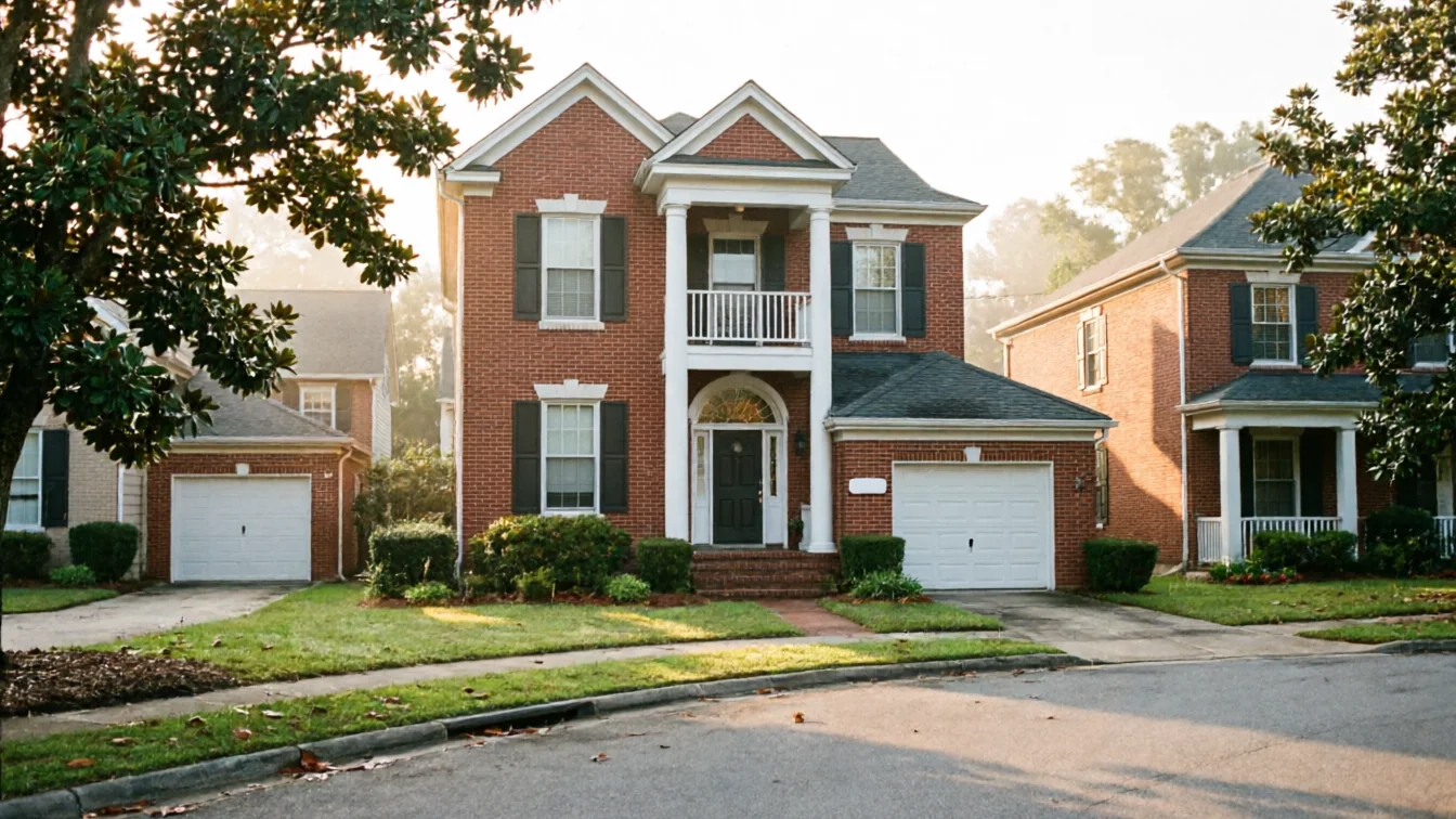 A brick house with a white garage door and a second white garage door on the right.