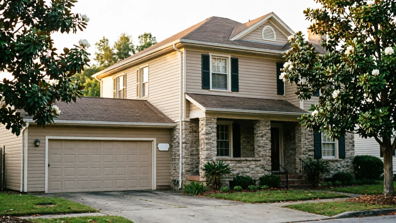 A two-story house with a beige garage door and stone columns on the porch.
