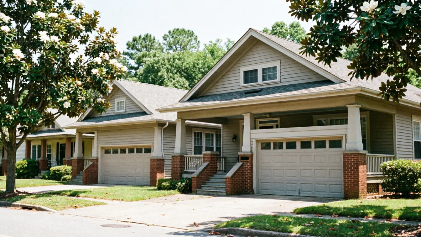 Two light-colored houses with attached garages and front porches are visible from the street.