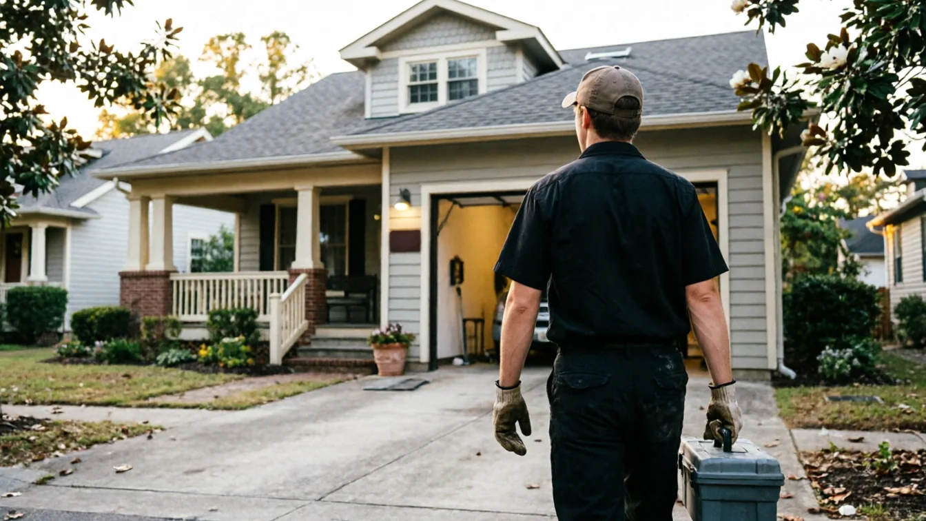 A technician carrying a toolbox walks toward a house with an open garage door.