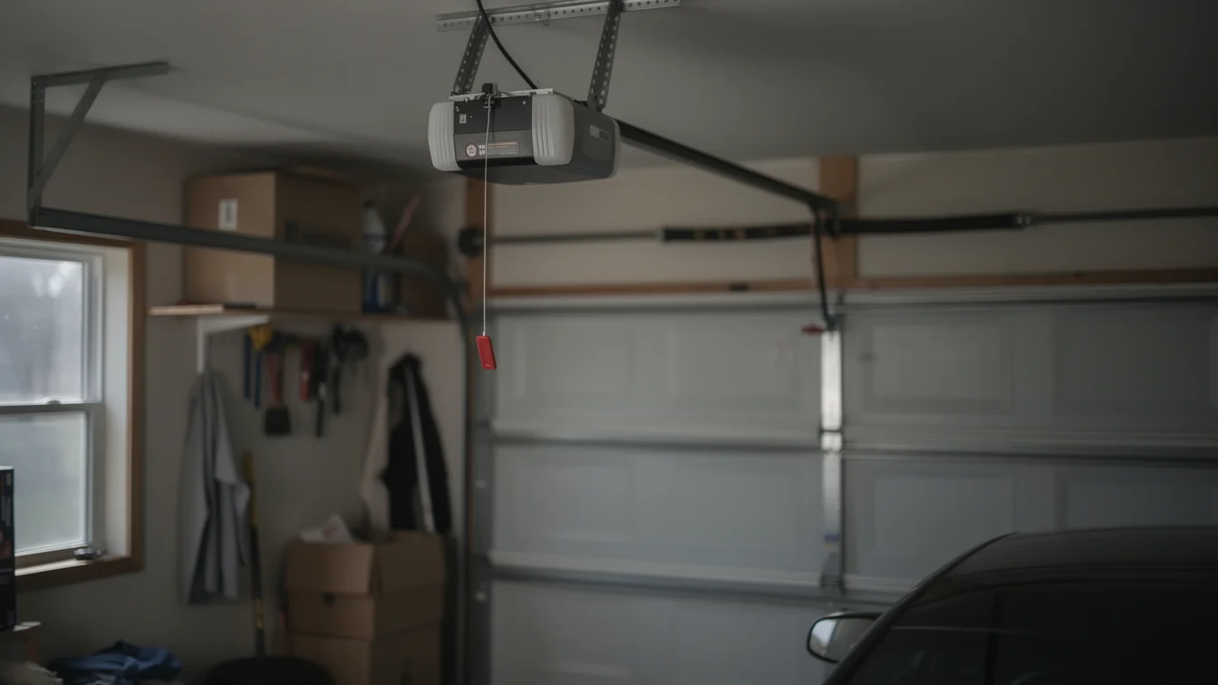 A garage door opener hangs from the ceiling above a white garage door.